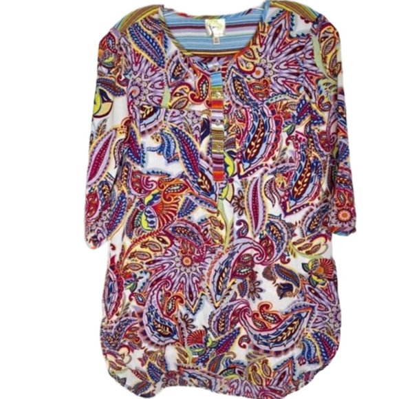 Fig & Flower Textured Paisley Striped Tunic - Red/Blue on White - S - Picture 1 of 10